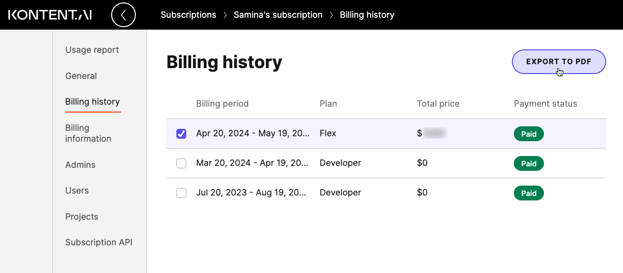 How to export billing history to PDF
