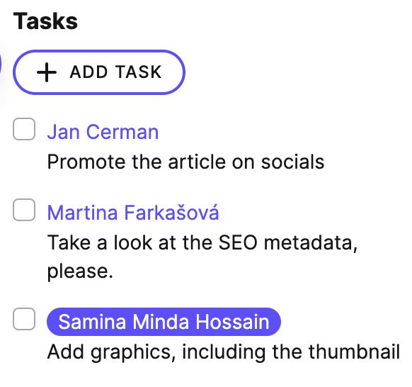 Tasks in a content item's sidebar.