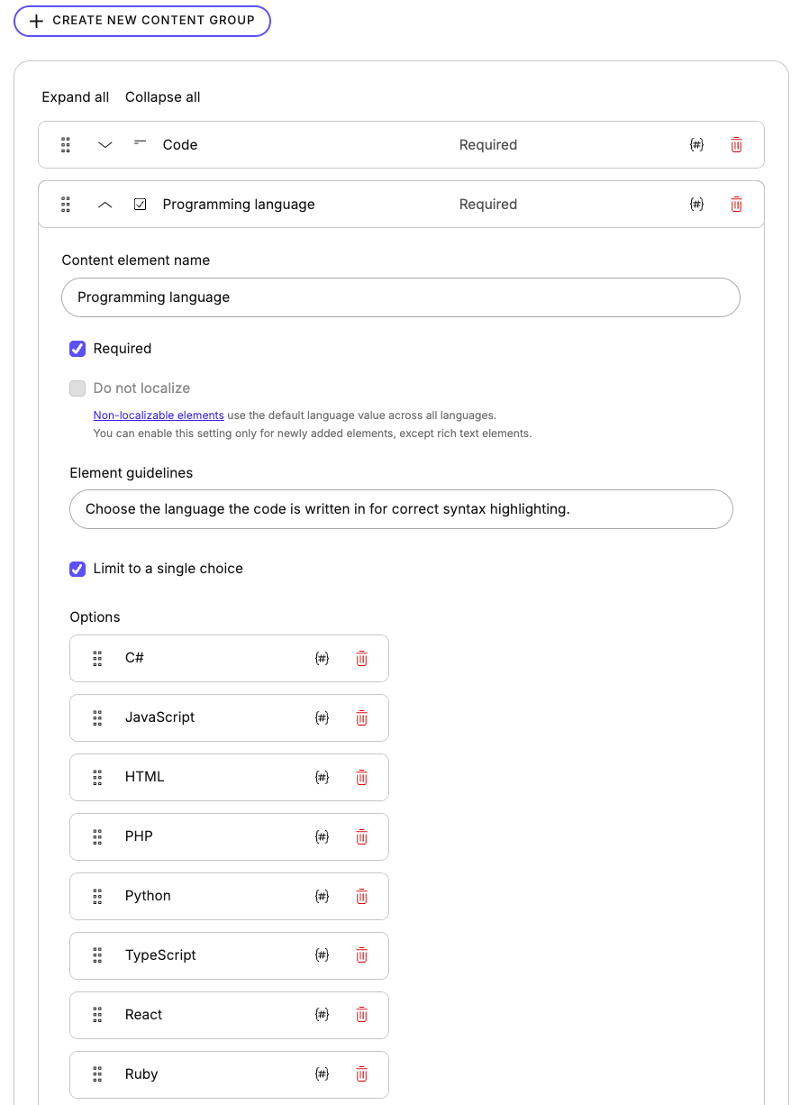 Code sample content type, where the programming language multiple choice element shows language options and limited to a single choice.