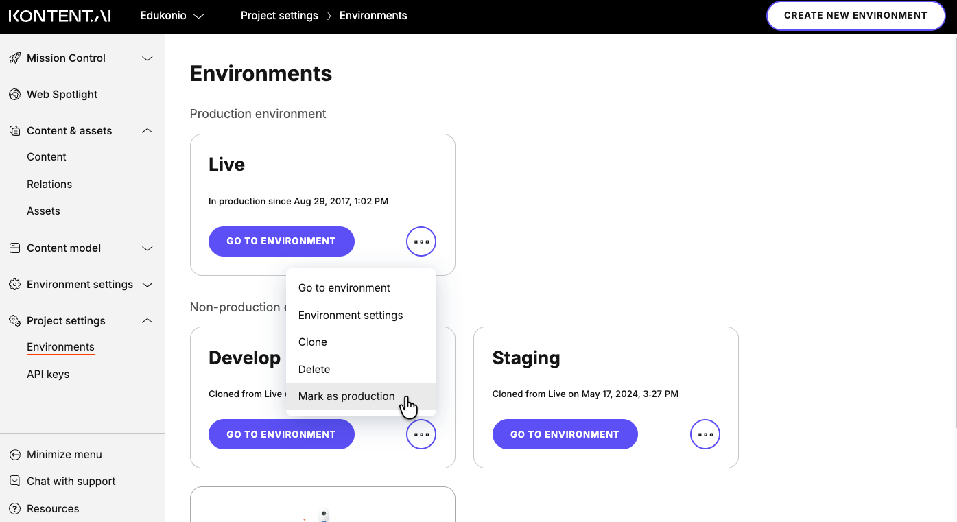 Mark an environment as production to swap with the current production environment