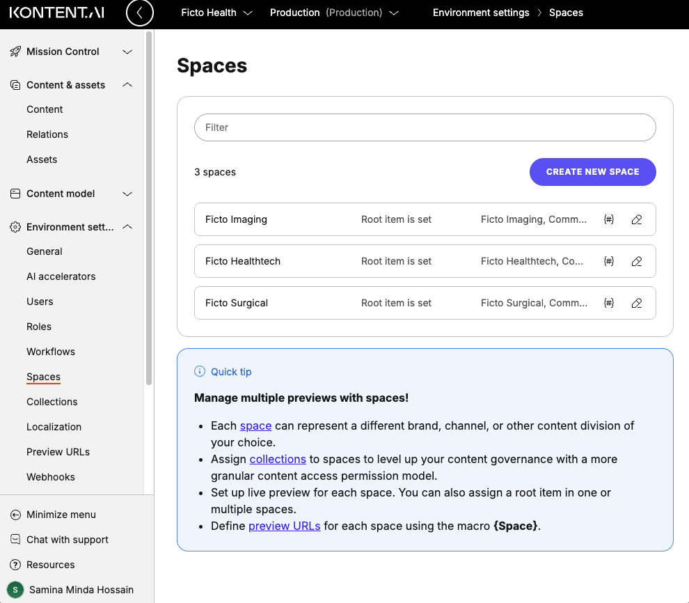 Creating a space in the Environment settings with a collection assigned.