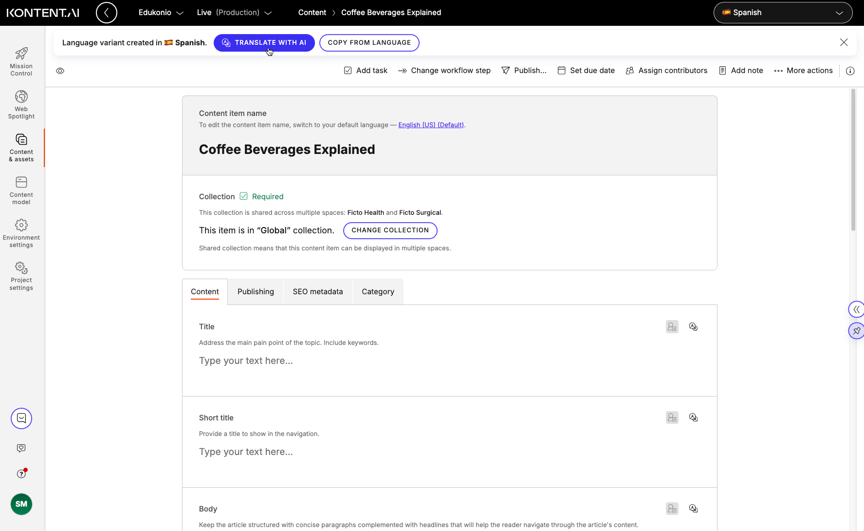 Translate with AI and Copy from language options available at the top banner after creating the item variant in Spanish language