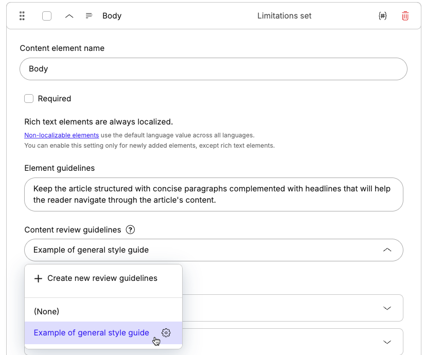 Setting up content review guidelines for a textual element