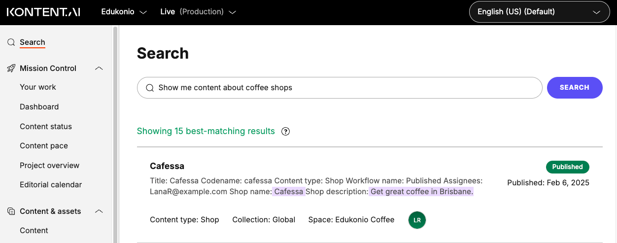 Search that is accessible at the top left-hand side of the navigation, showing a search phrase as a question with results found based on relevant match.