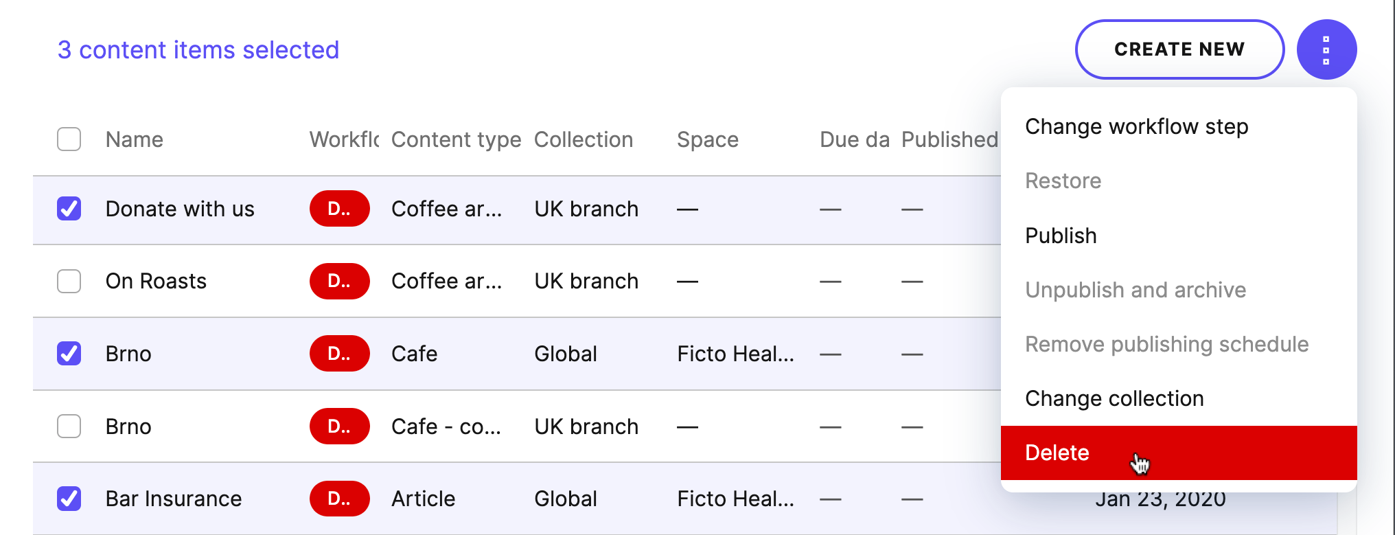 Deleting multiple items in the content list.
