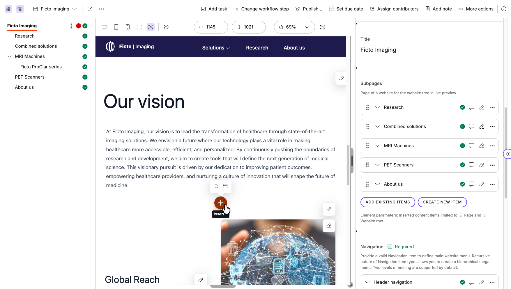Adding a linked item or new component by using the Add button in live preview.