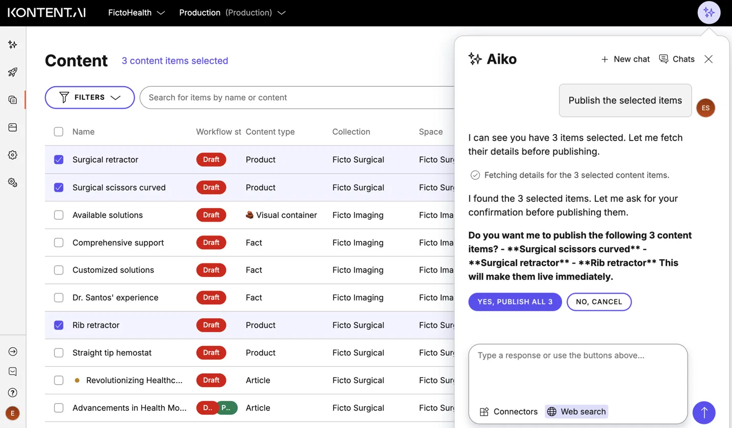 Content inventory with three draft items selected and an Aiko chat open on the right, where Aiko asks user for confirmation whether to publish the items.