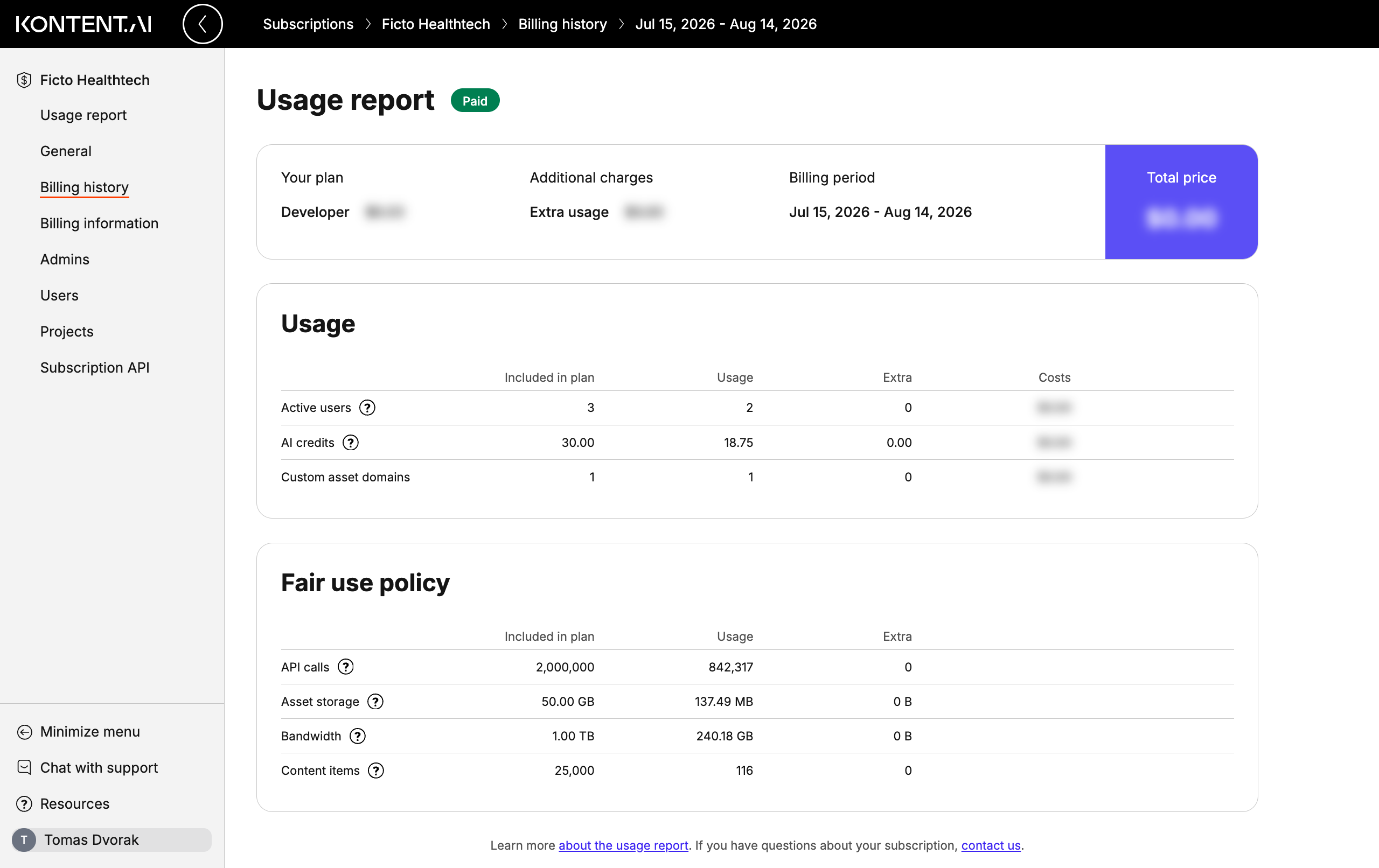 Usage report for a past billing period