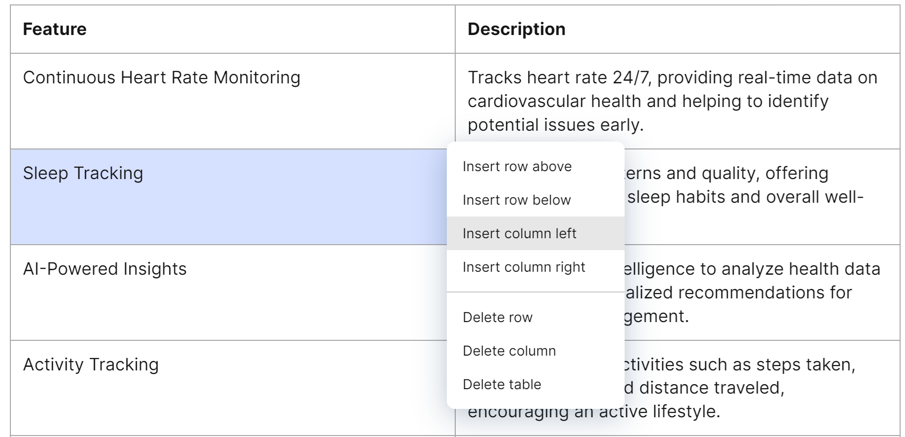 Insert, adjust, and delete table in the rich text editor