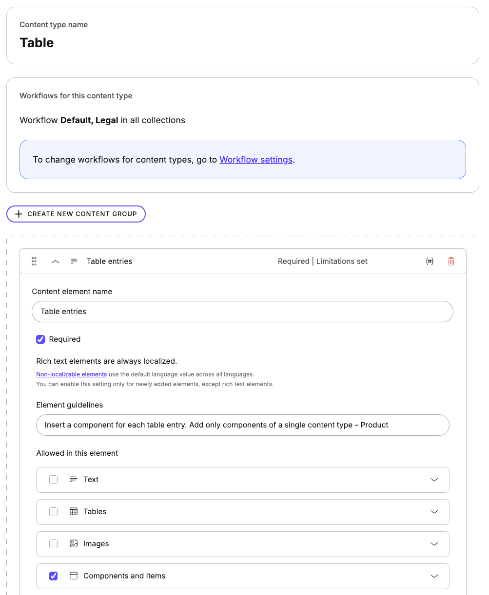 Content type "Table" with a single rich text element set to allow only components or items of the "Product" type.