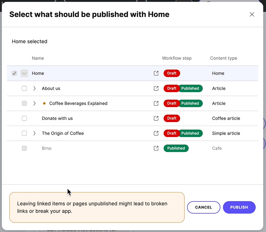 A dialog window shows linked items, where one is unfinished and greyed out, marked with an orange dot.