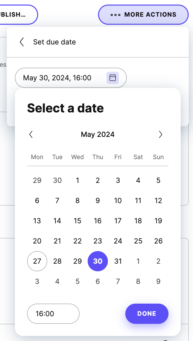 The dialog for setting a due date to a content item.