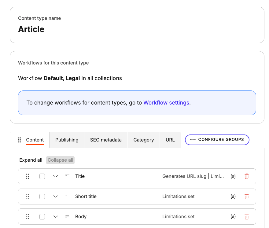 A content type with elements organized in several content groups
