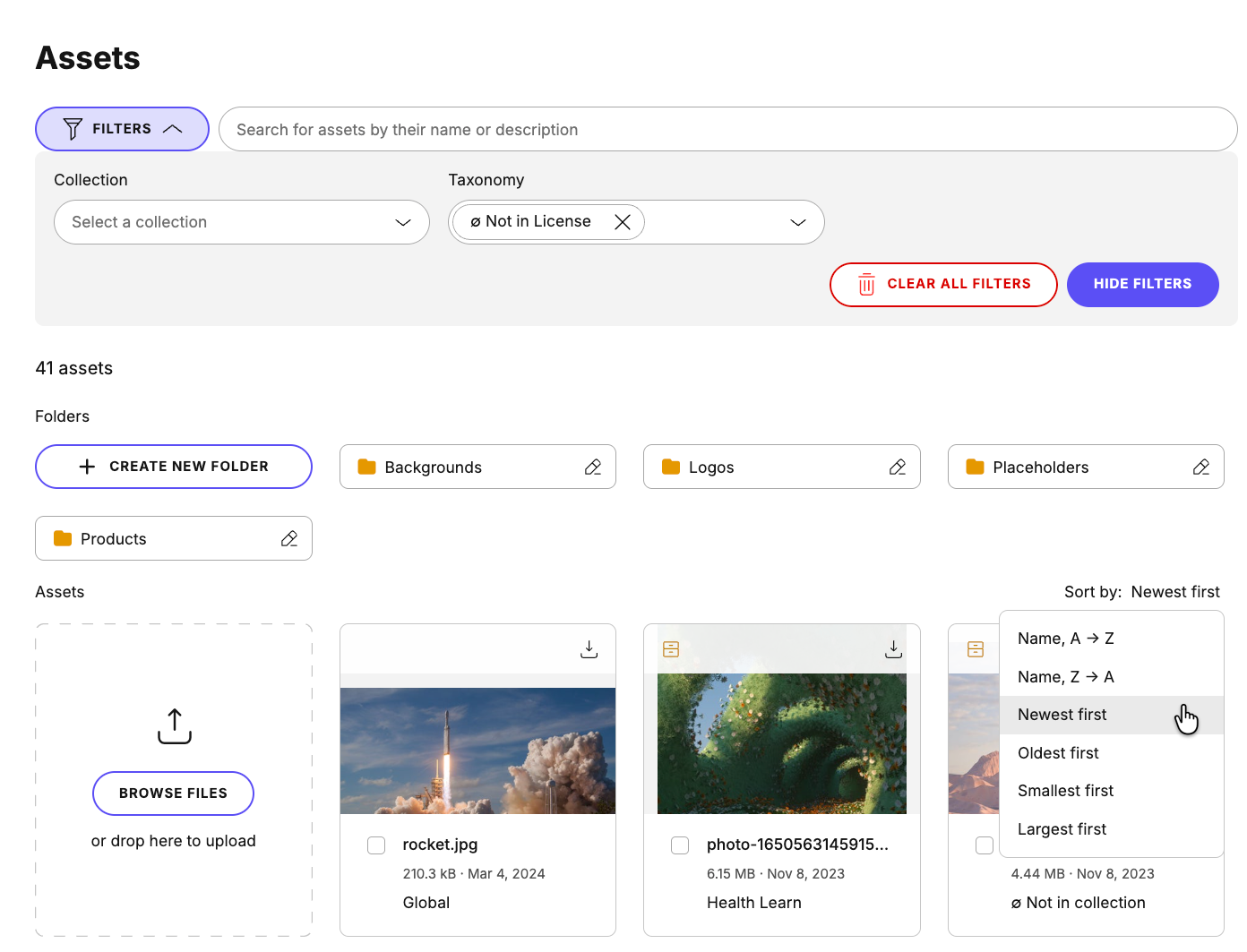 Finding the right asset using taxonomies and ordering.