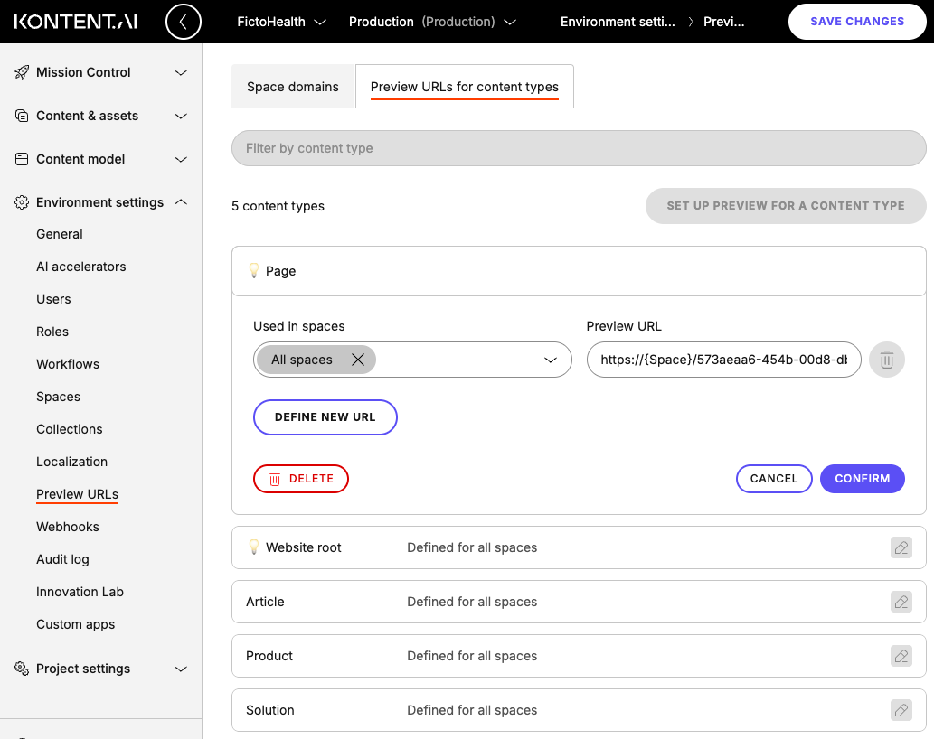 Preview URL patterns defined for the Page content type in all spaces