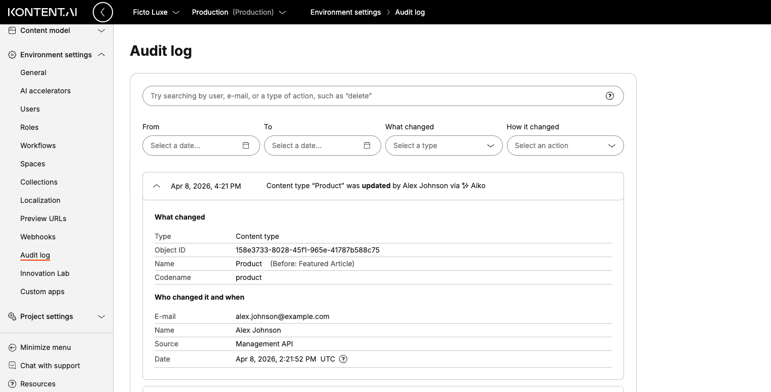 Displaying details of an event in Audit log.