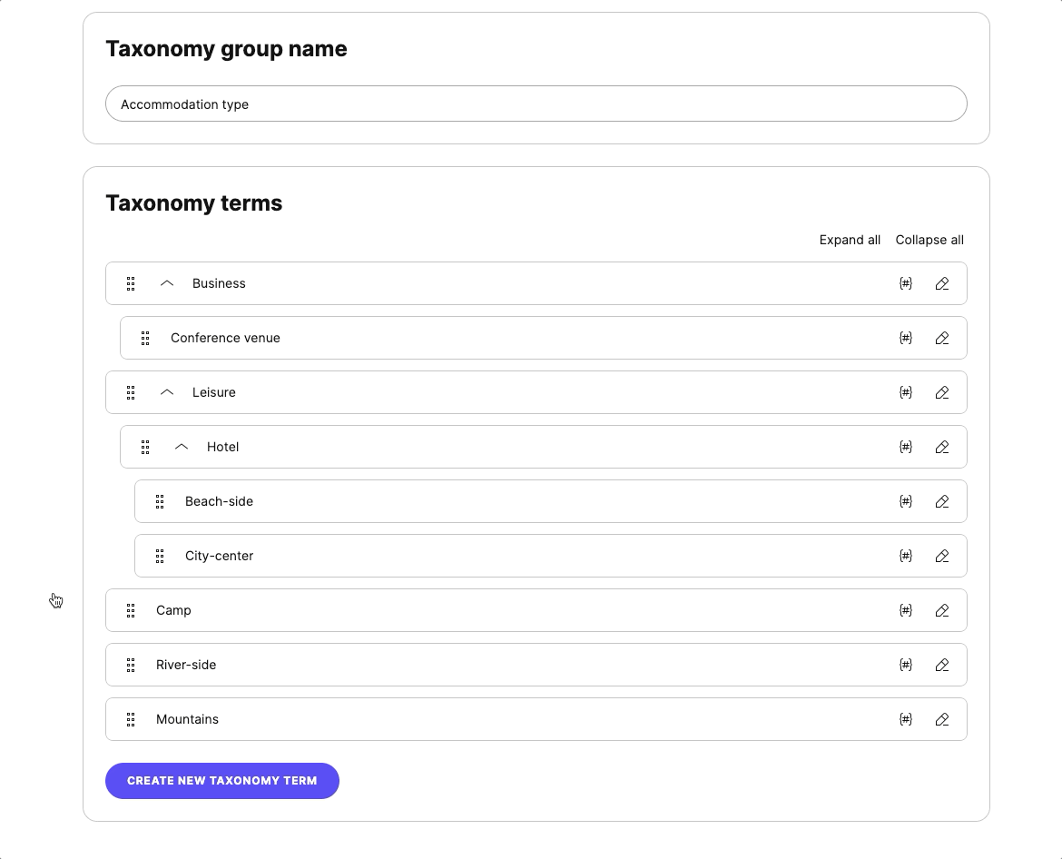 Managing a taxonomy group by reordering, nesting, renaming and deleting terms