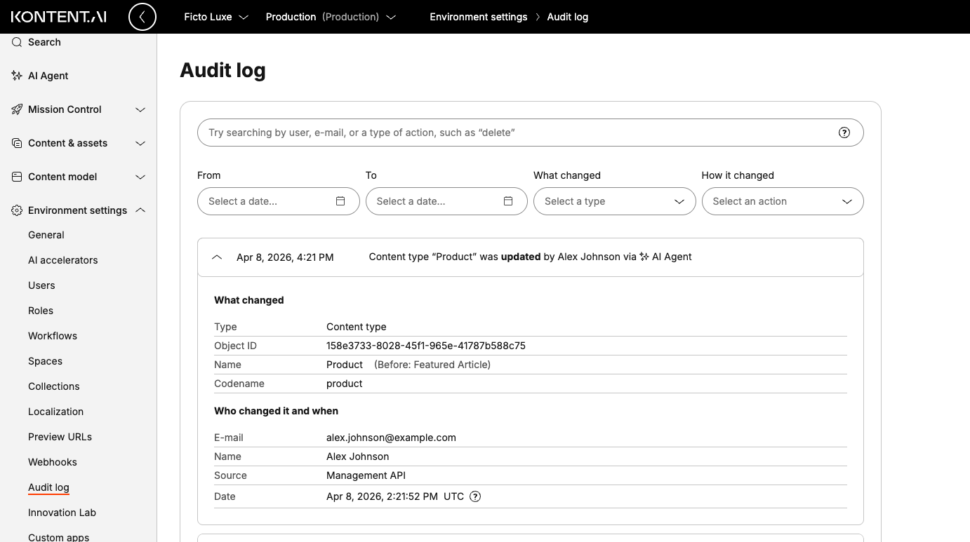 Displaying details of an event in Audit log.