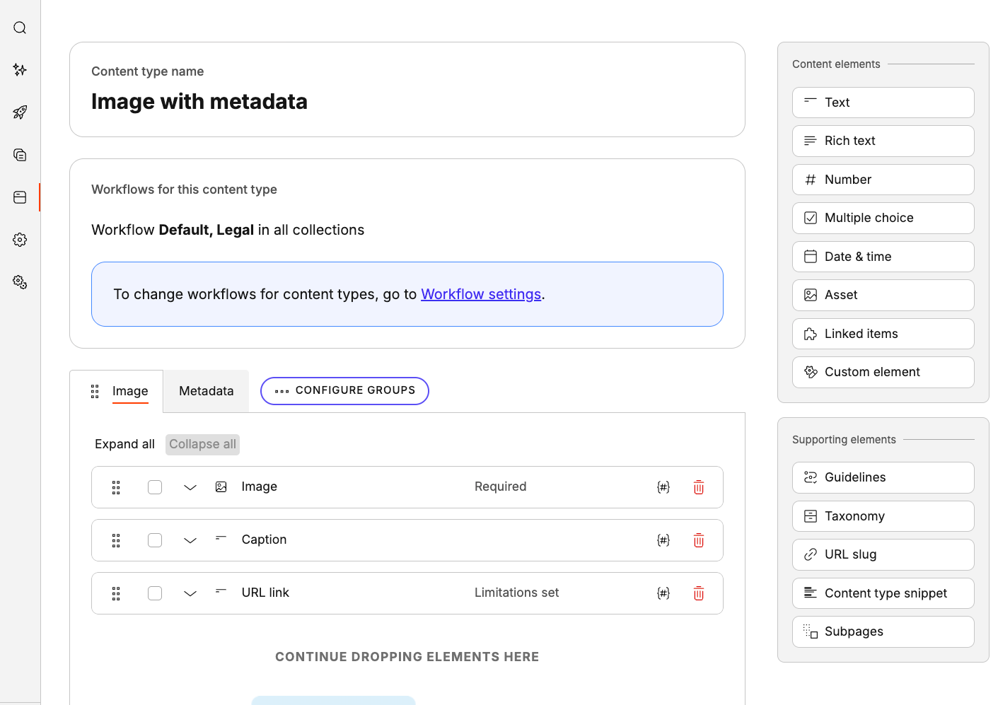 A custom image content type having an asset element for image, and two text elements for caption and URL link.