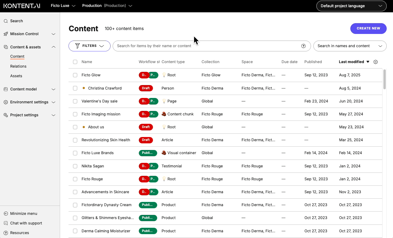 Filtering content items using collections in Ficto Luxe project.