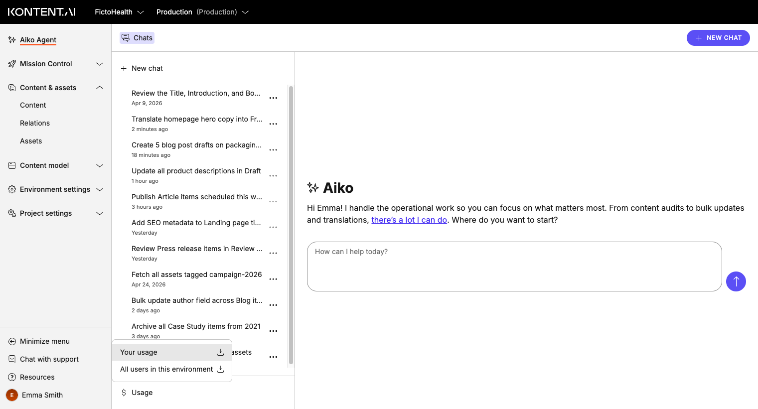 Usage menu showing options for the user to download personal AI credits usage or all users in the environment's AI credit usage.