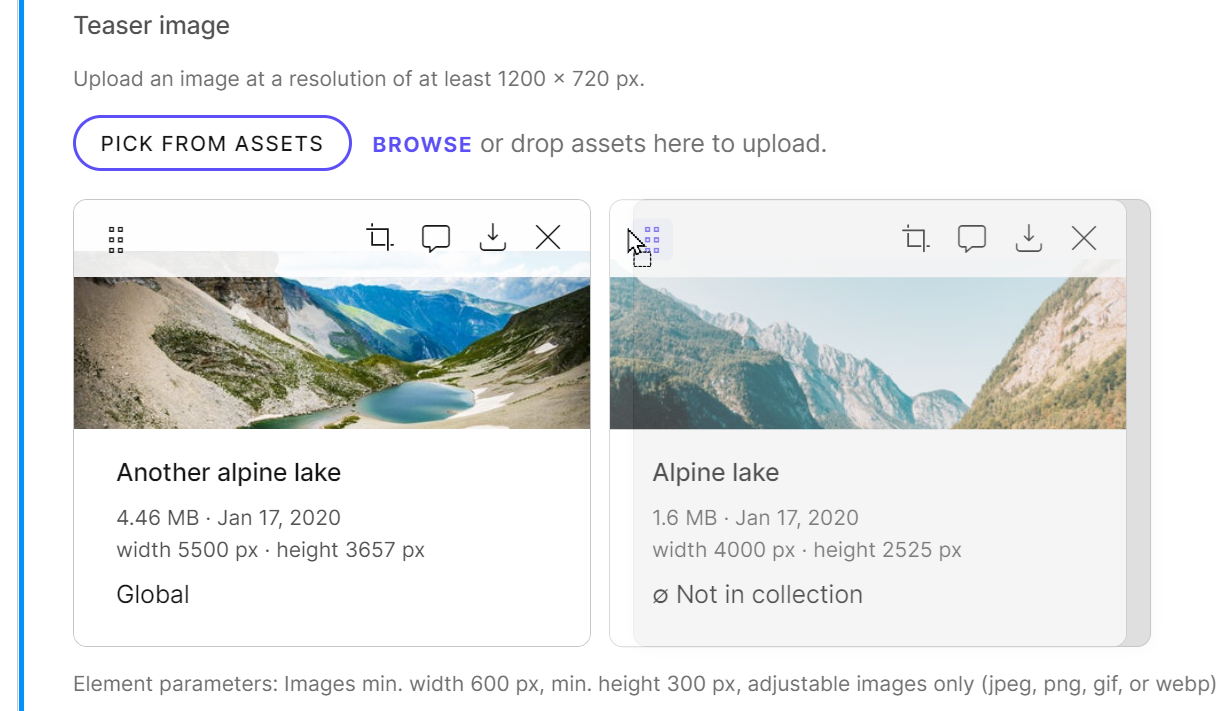Reordering assets in the asset element