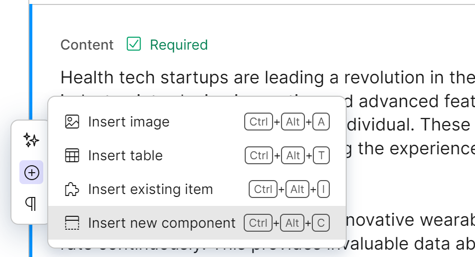 Insert component in the rich text editor