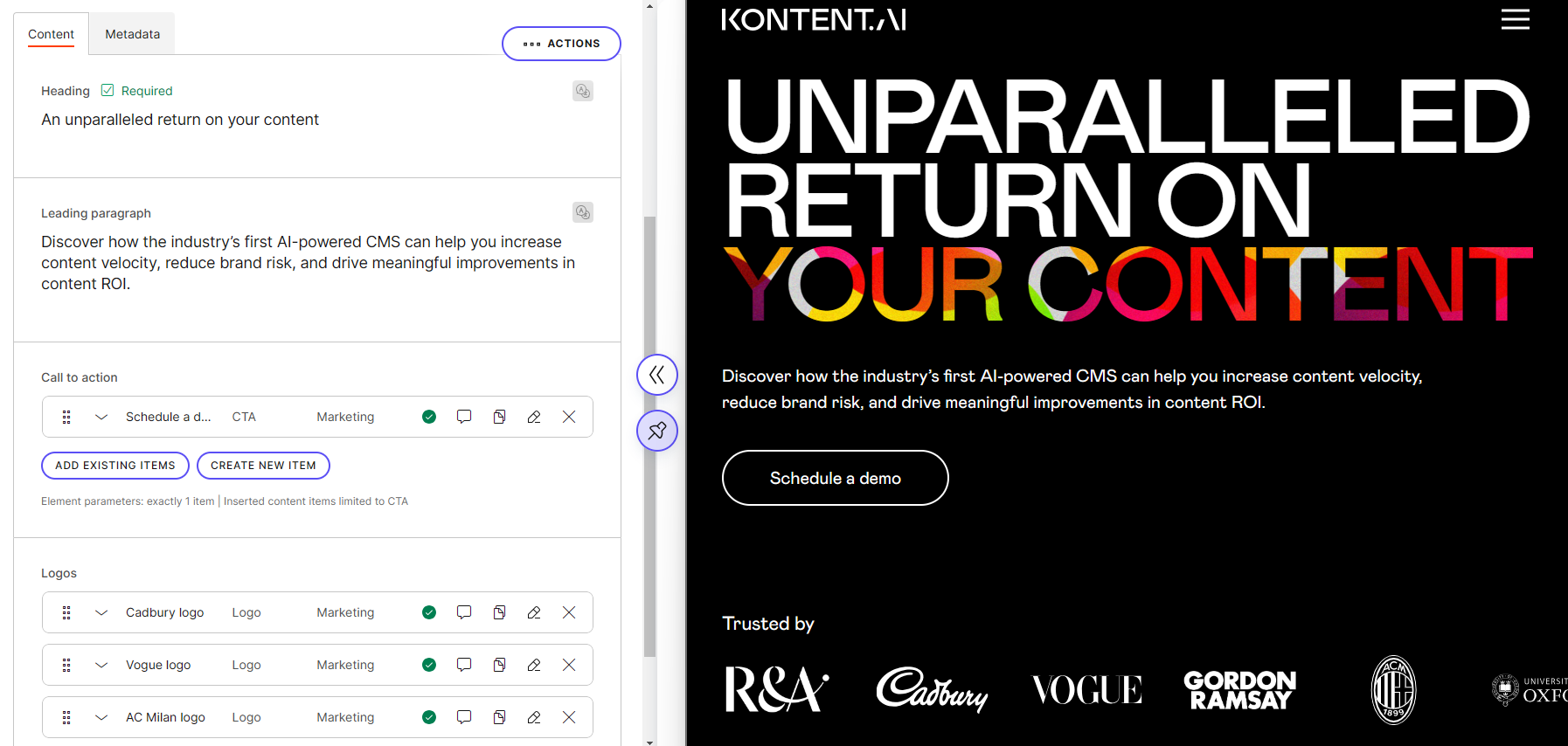 Content item in Kontent.ai and its representation on the website.