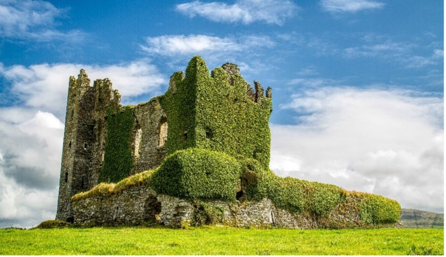 Ballycarbery Castle, a moss-covered castle ruin, stands against a blue sky in County Kerry, Ireland.