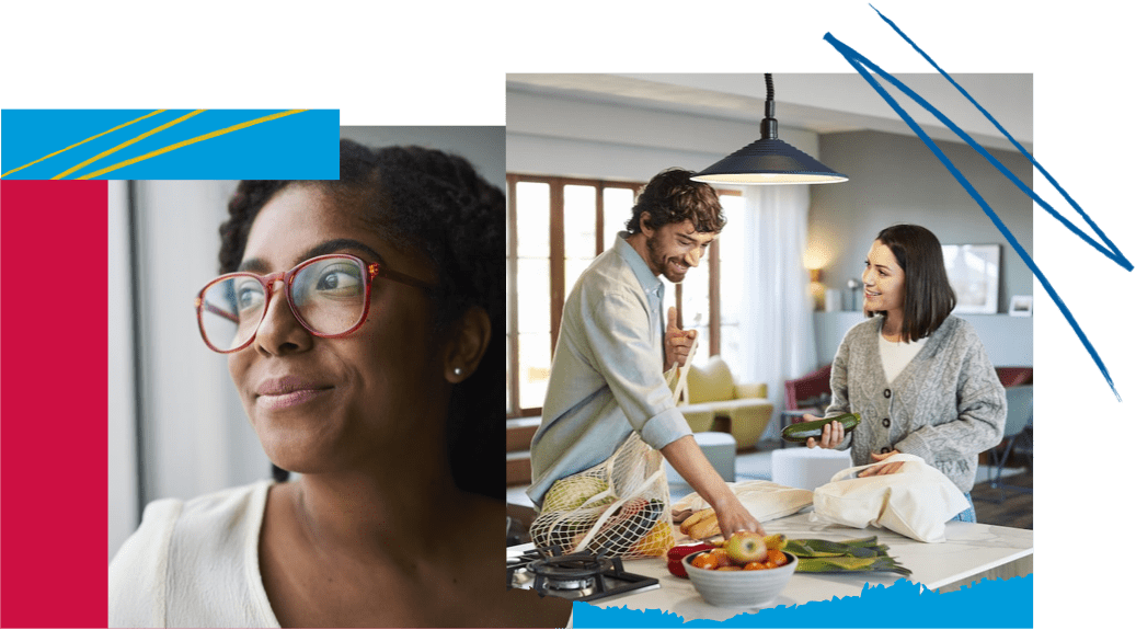 Left: a smiling lady looking at the side. Right: a man & woman preparing a meal in the kitchen.