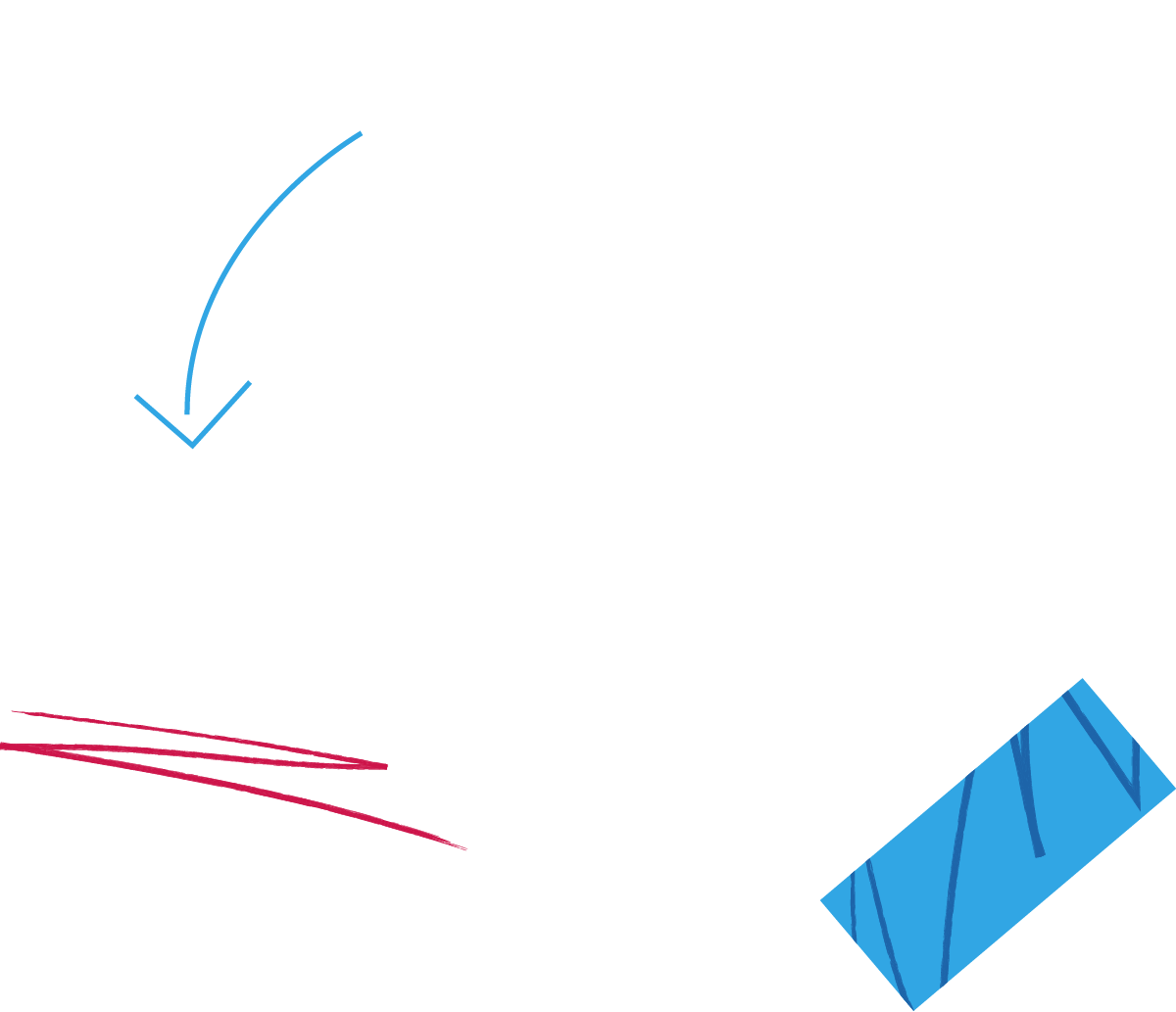Top left: a blue arrow. Bottom left: a red scribble. Bottom right: a blue rectangular object.