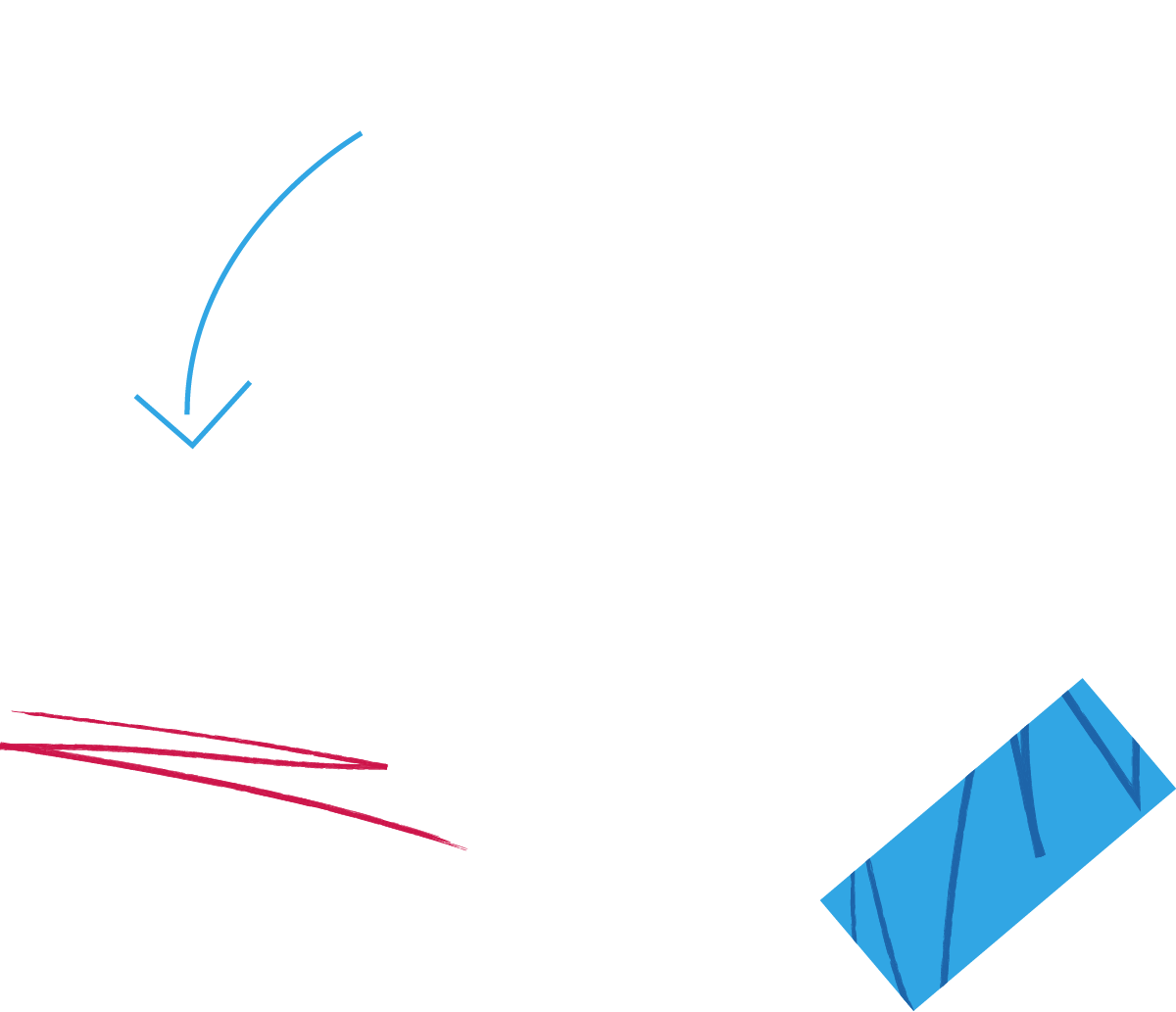 Top left: a blue arrow. Bottom left: a red scribble. Bottom right: a blue rectangular object. Top left: a blue arrow. Bottom left: a red scribble. Bottom right: a blue rectangular object.