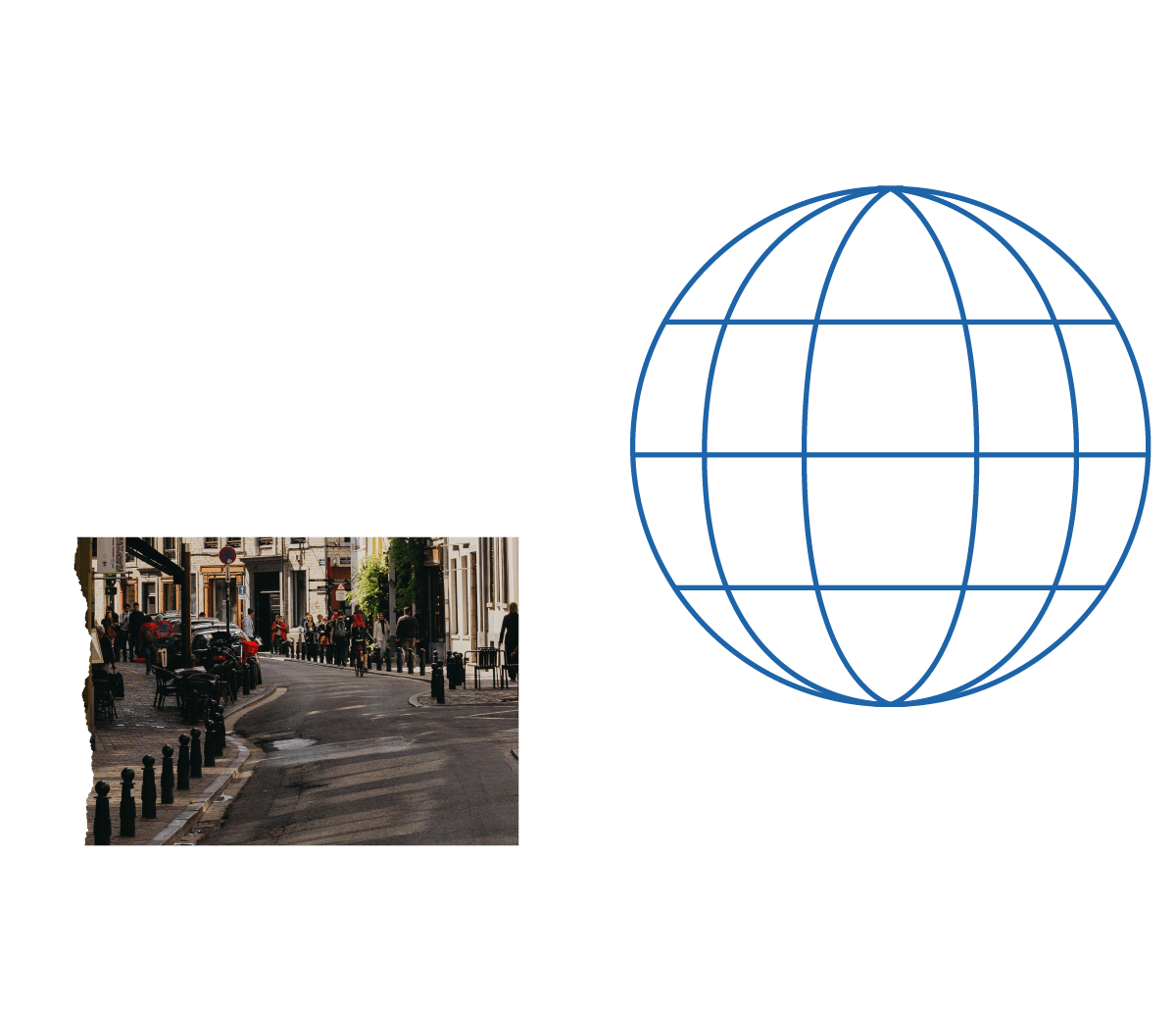 A street with buildings and people on the left. A blue globe logo on the right. A street with buildings and people on the left. A blue globe logo on the right.
