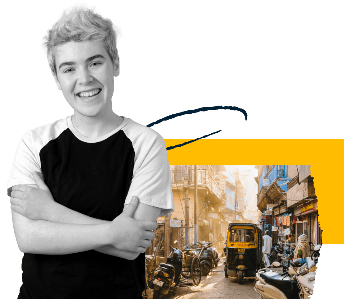 Left: a young, short-haired person. Right: a street in a foreign city with various vehicles. Left: a young, short-haired person. Right: a street in a foreign city with various vehicles.