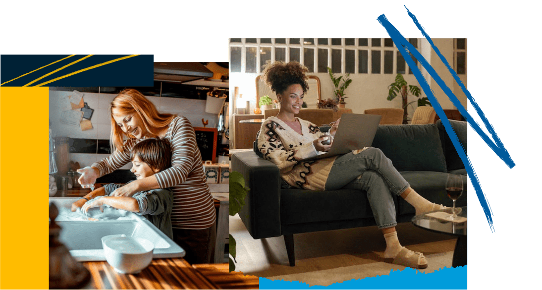 Left: a woman & a boy washing hands in a sink. Right: a woman sitting on a couch & using a laptop.