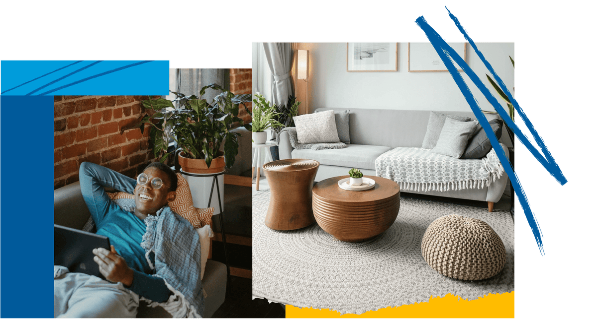 Left: a smiling man lying on a couch holding a tablet. Right: a cozy living room with furnitures. Left: a smiling man lying on a couch holding a tablet. Right: a cozy living room with furnitures.