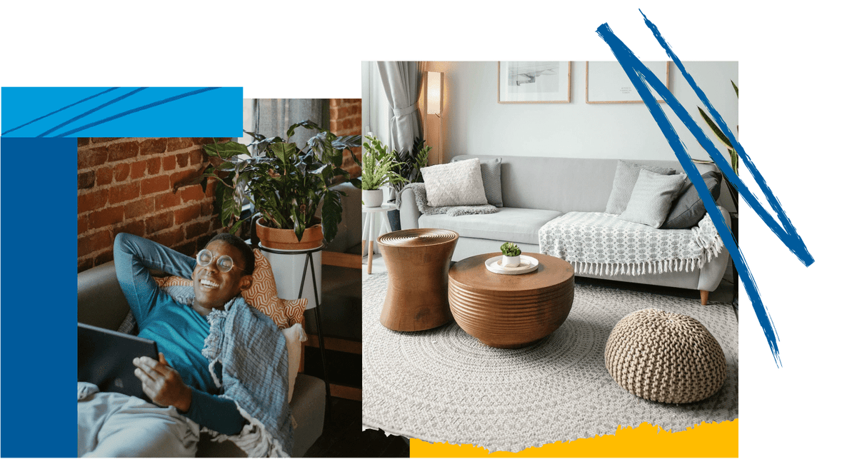 Left: a smiling man lying on a couch holding a tablet. Right: a cozy living room with furnitures.