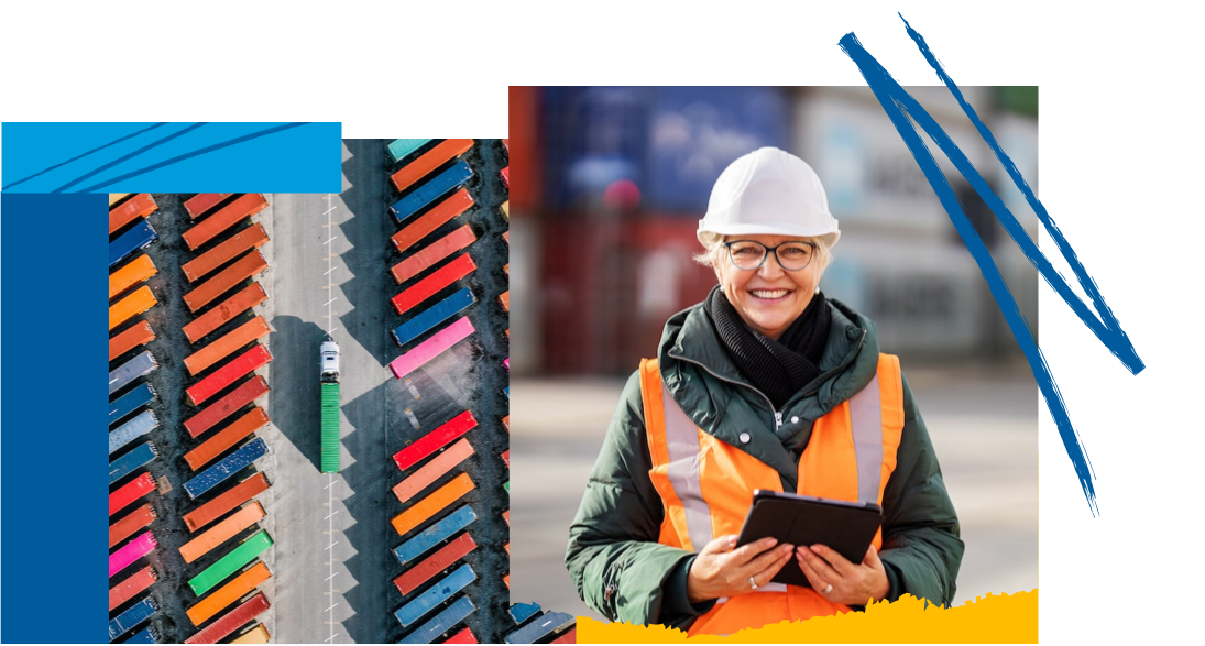 Left: top view of cargo trucks. Right: a woman in safety gear holding a tablet.