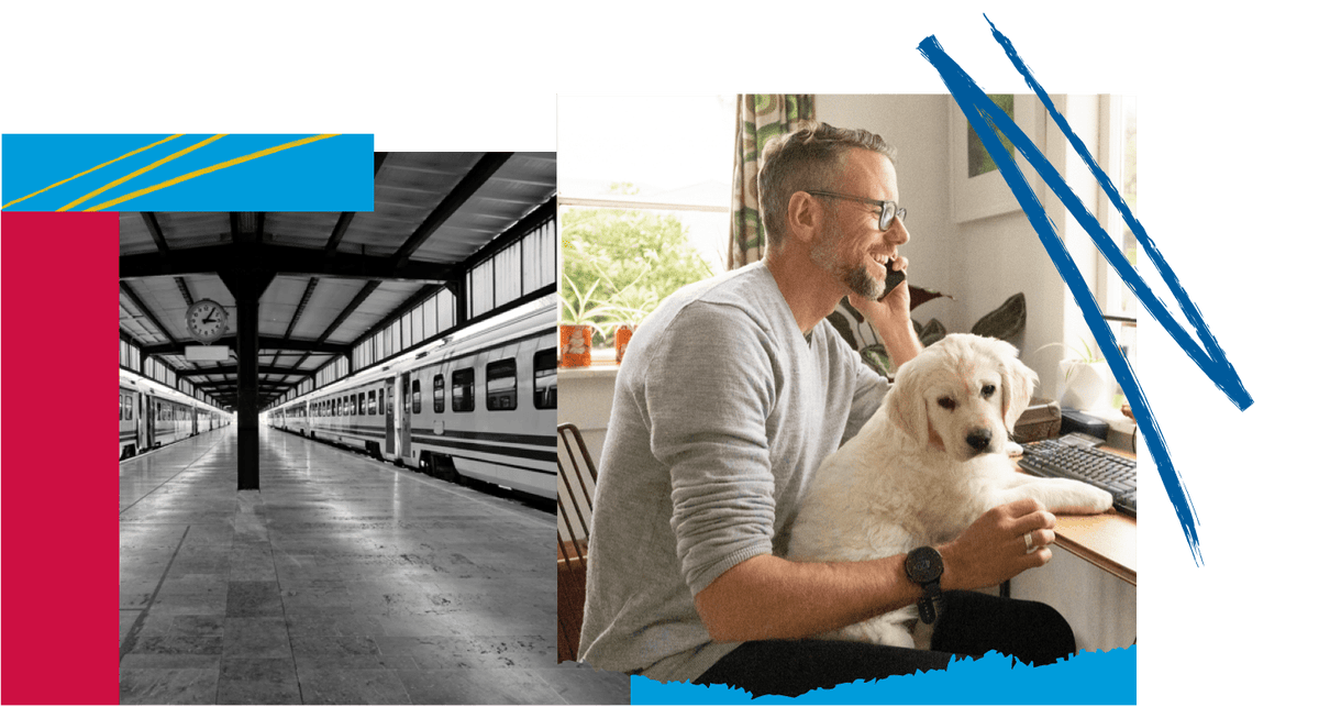 Left: a vintage train station in black & white. Right: a man holding a dog & talking on the phone. Left: a vintage train station in black & white. Right: a man holding a dog & talking on the phone.