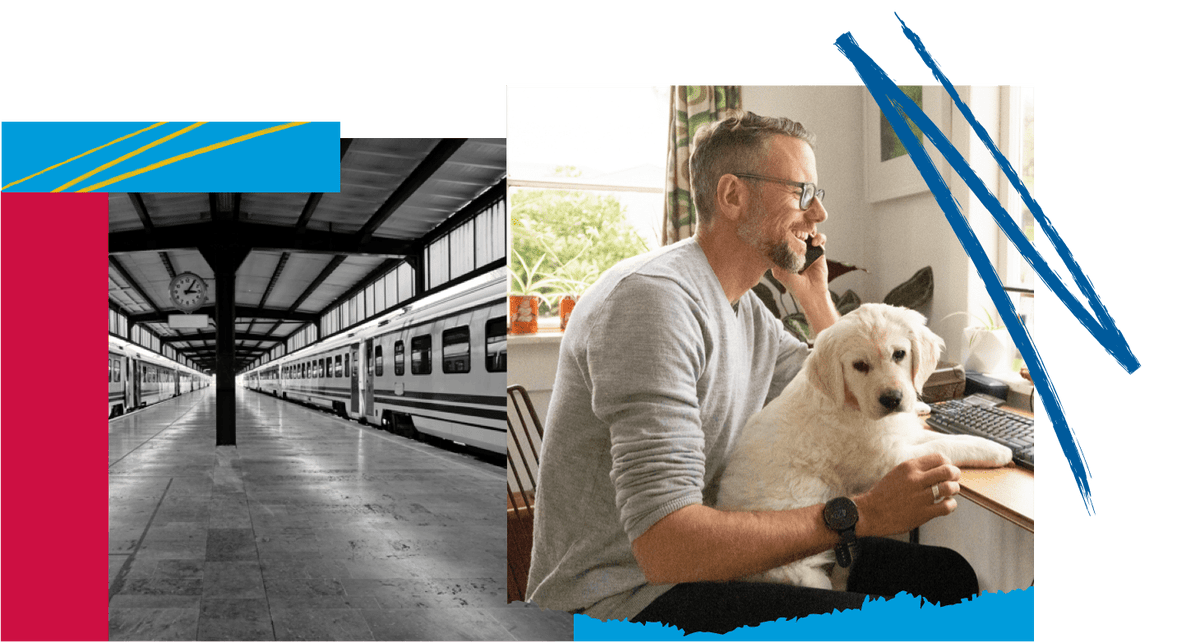 Left: a vintage train station in black & white.  Right: a man holding a dog & talking on the phone.