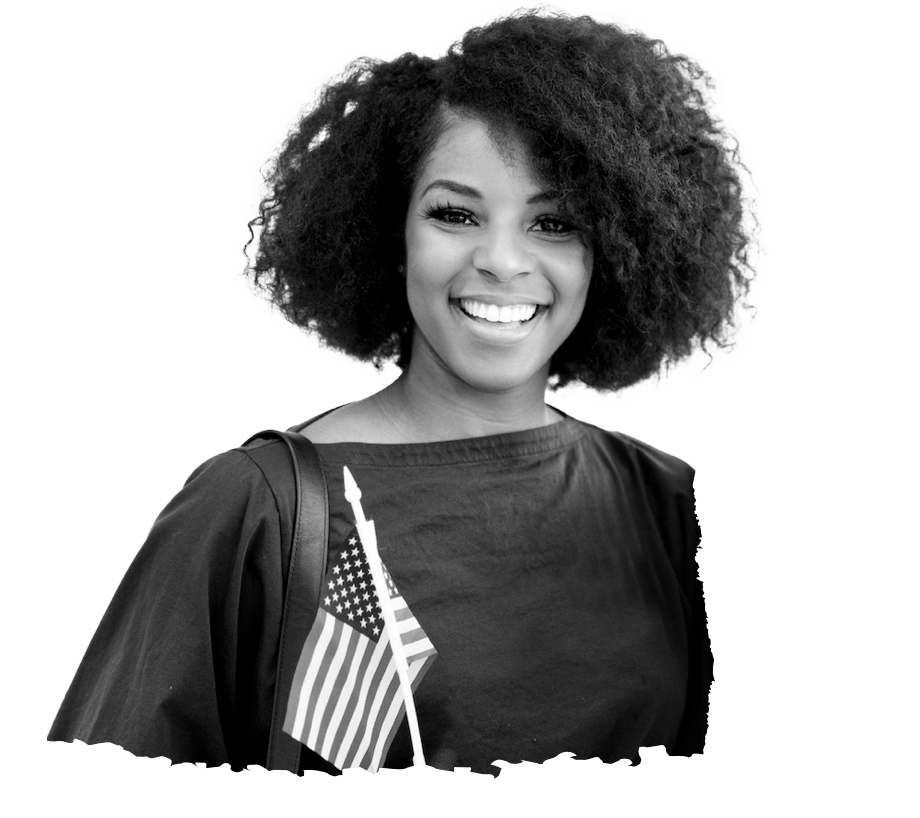 A woman smiling with a flag of the USA.