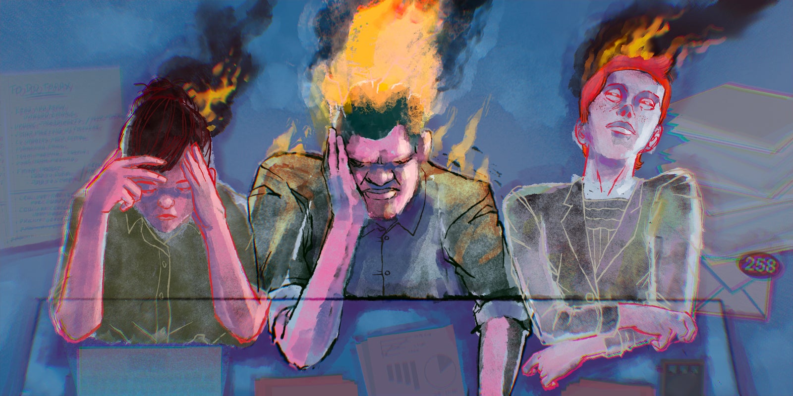 Three people, slumped over, with flames emerging from their heads, who are visibly affected by the effects of burnout culture. 