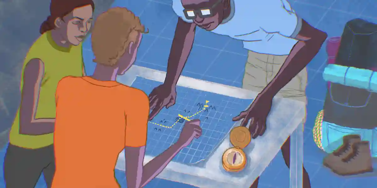 illustration de trois personnes regardant une carte avec un chemin vers le sommet d’une montagne tracé, symbolique du contenu de ce blog, qui est la deuxième partie de notre série sur les conversations sur la planification de la relève du PDG que vous DEVEZ bien faire : la conversation entre le PDG et le DRH pour inviter les cadres au processus de développement du successeur - Invitations au développement du successeur