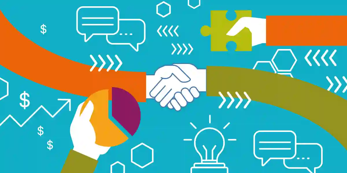 illustration de deux mains qui se serrent, l’une avec une chemise orange et l’autre avec une chemise verte, entourées d’une ampoule, d’une pièce de puzzle manquante, de bulles de conversations, et plus encore, pour montrer que ce blog consiste à répondre à la question « Pourquoi investir dans le développement du leadership ? »