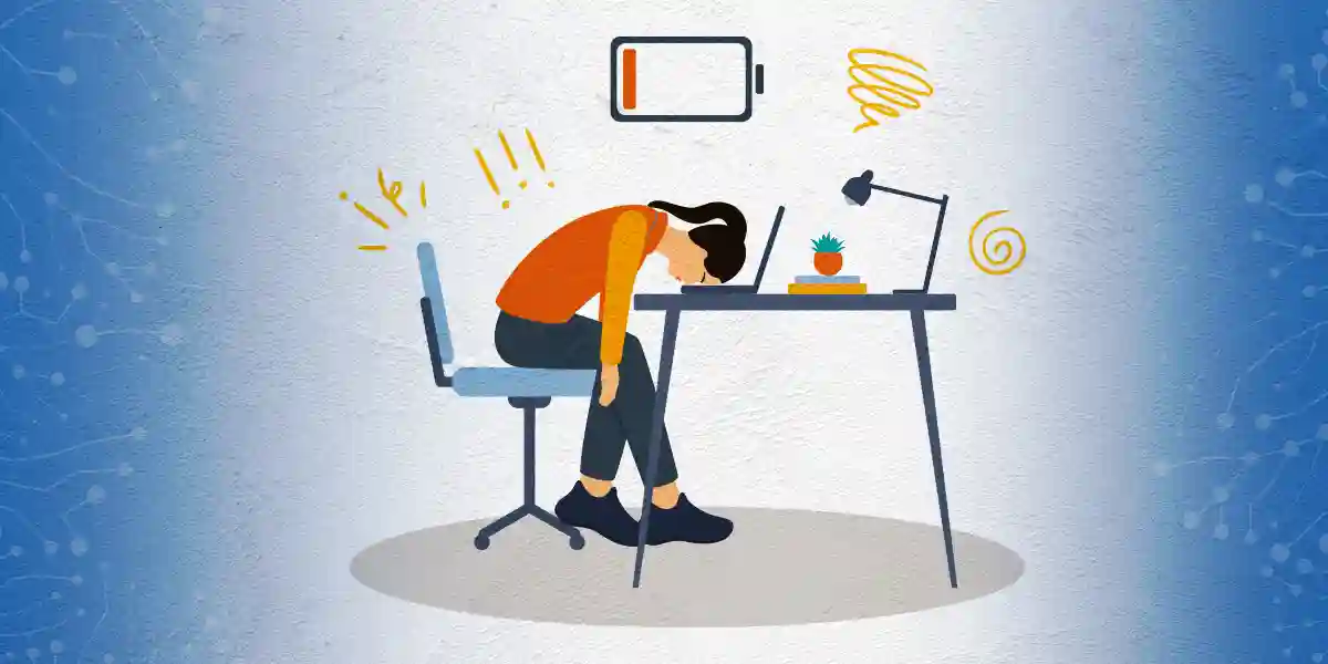 A woman with her head on a desk. A low battery icon above her head indicating low engagement.