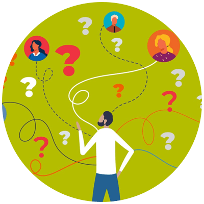 illustration of a man with question marks swirling around his head with thought bubbles featuring illustrations of his team members to show he is thinking about how to delegate work
