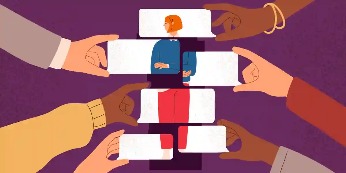 Illustration mehrerer verschiedener Arme und Hände, die Puzzleteile hochhalten, die wie Konversationsblasen aussehen, die das Bild einer Führungskraft bilden, um zu zeigen, warum Führungskräfte kontinuierliches Feedback benötigen, um ihr Bestes zu geben