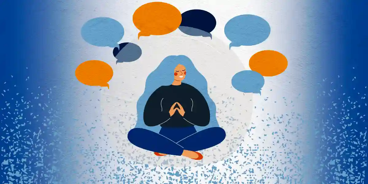 Illustration of a calm person meditating while surrounded by speech bubbles, representing psychological safety, open communication, and emotional well-being.