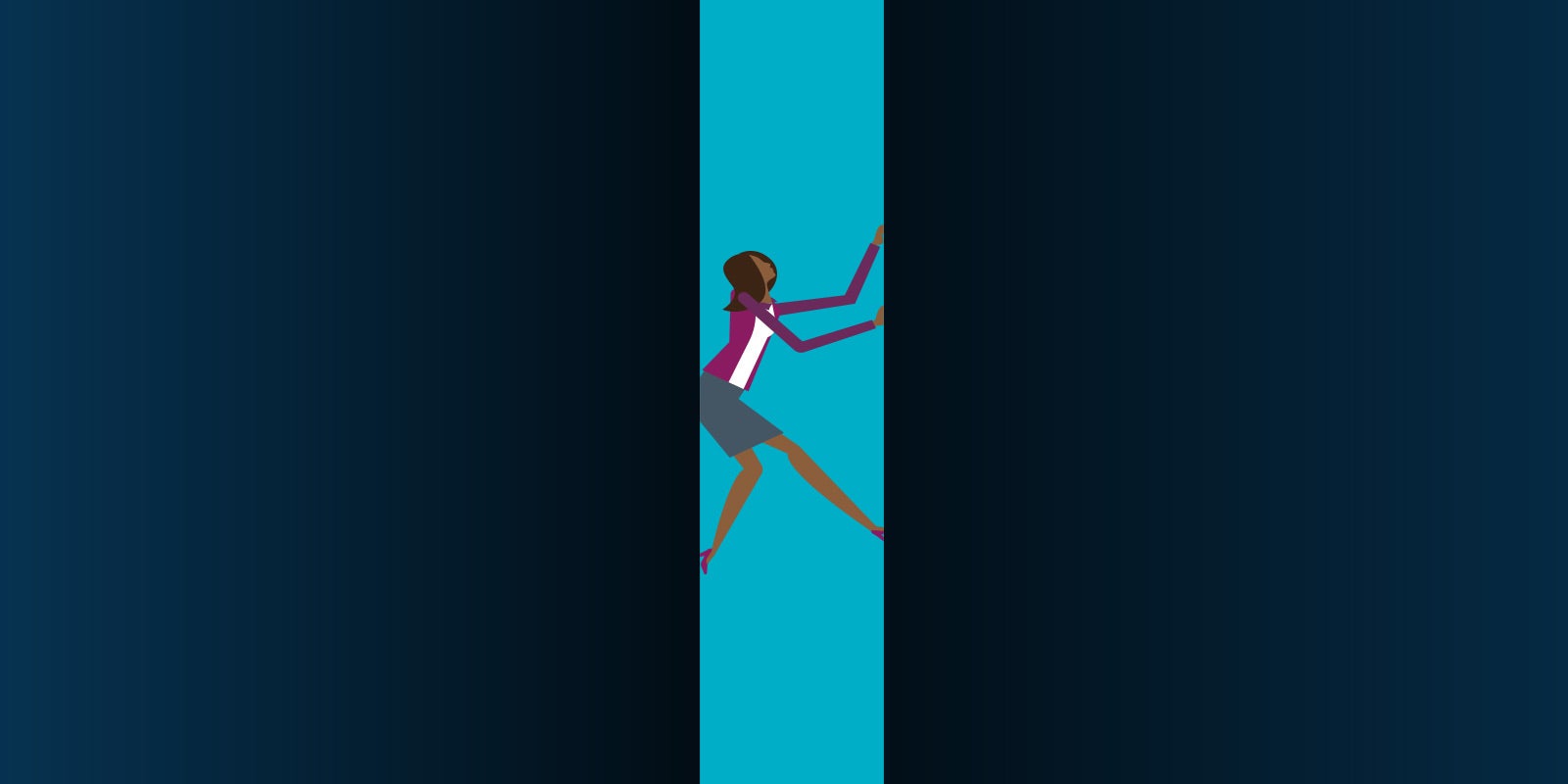 illustration of woman business leader trying to push her way out of a gap that she is in to show that this blog is about the looming leadership skills gap shown in DDI's latest research