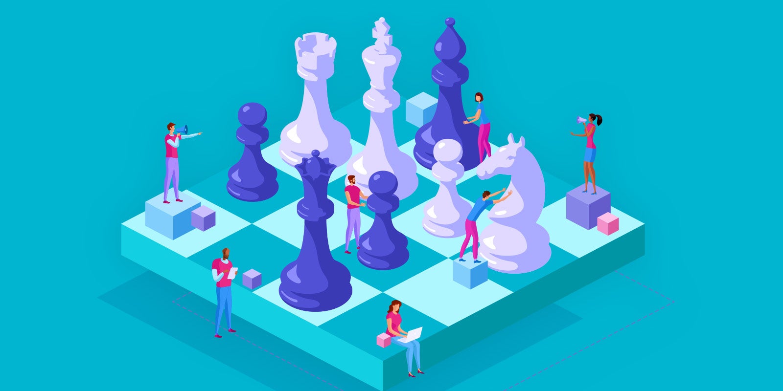 chess board with chess pieces and animated people "pieces" to show how important context is when it comes to your learning and development strategy